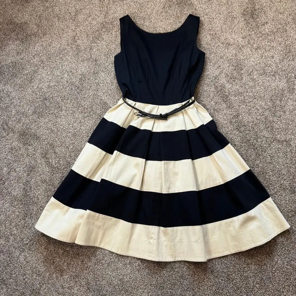 Kate Spade New York Dress Celina Belted Size 2 Fit-and-Flare Black Cream Minimal